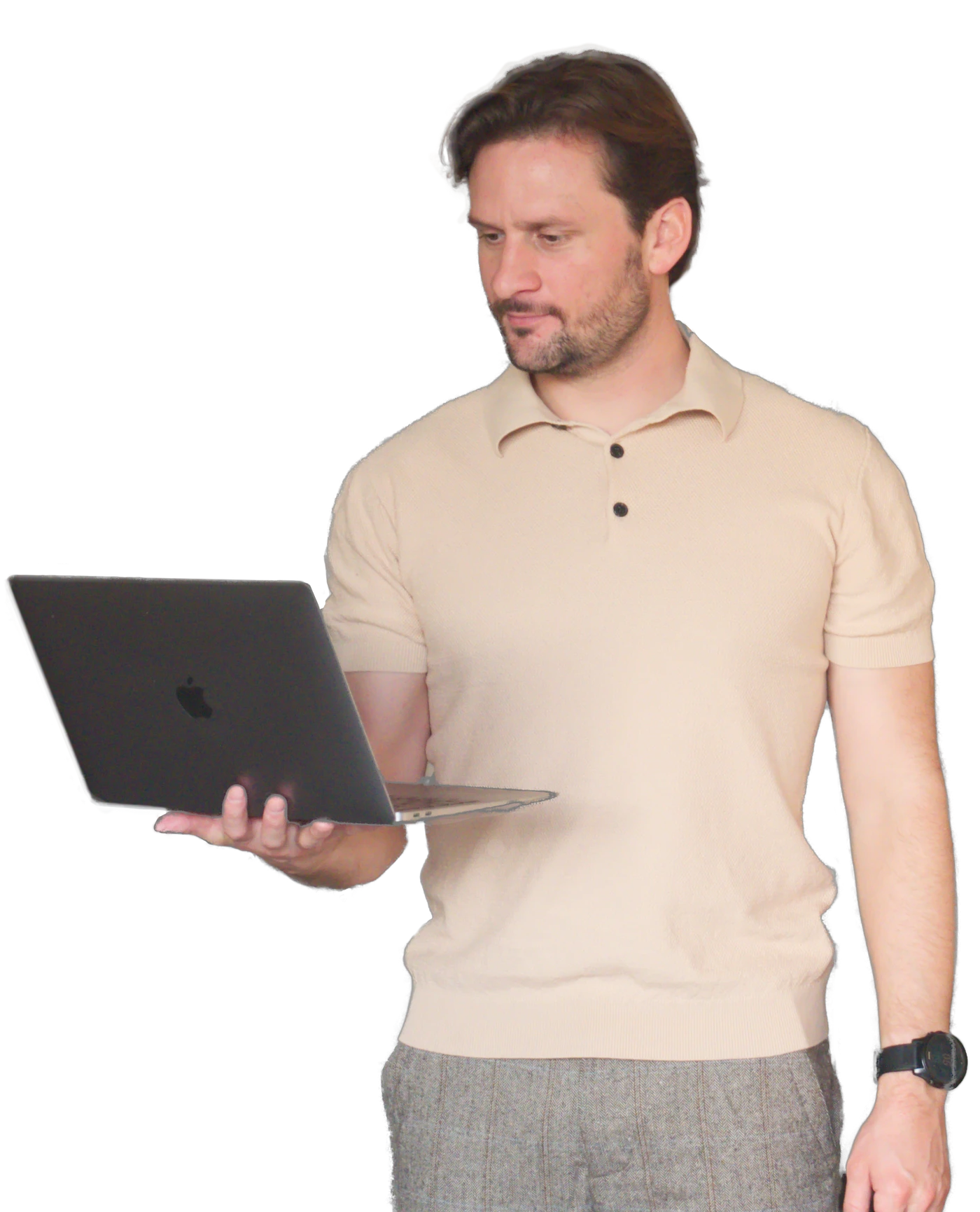 Portrait of Billy Nightingale looking at web design on laptop